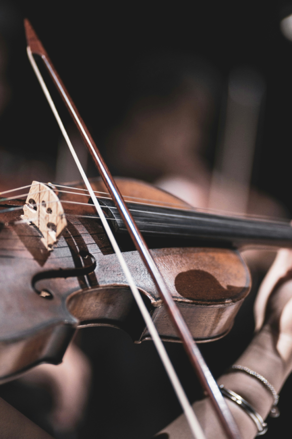 Female hand holding violin and violin bow in dark lighting