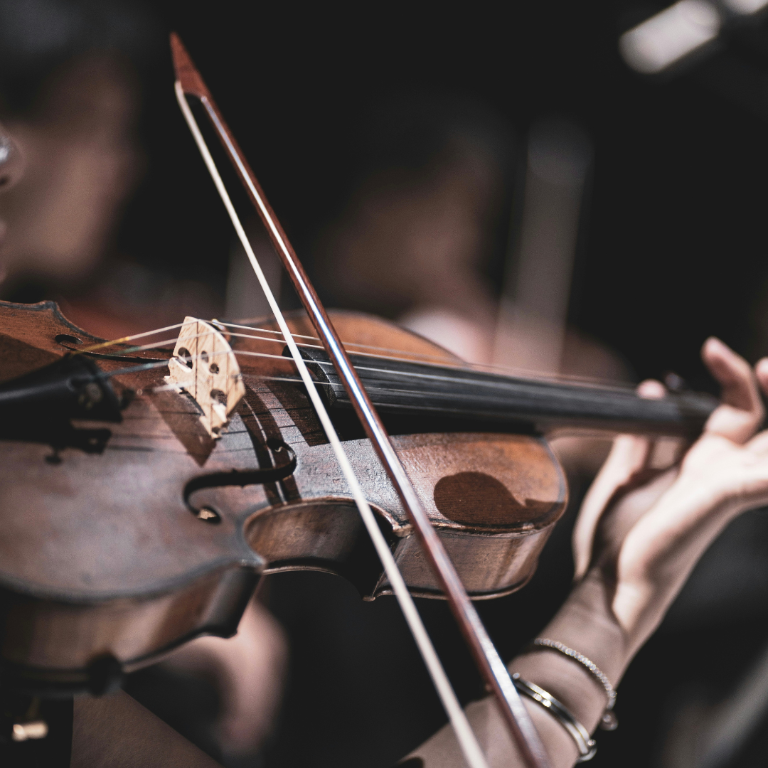 Female hand holding violin and violin bow in dark lighting